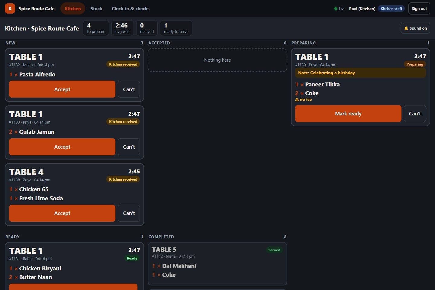 The kitchen screen showing orders by table