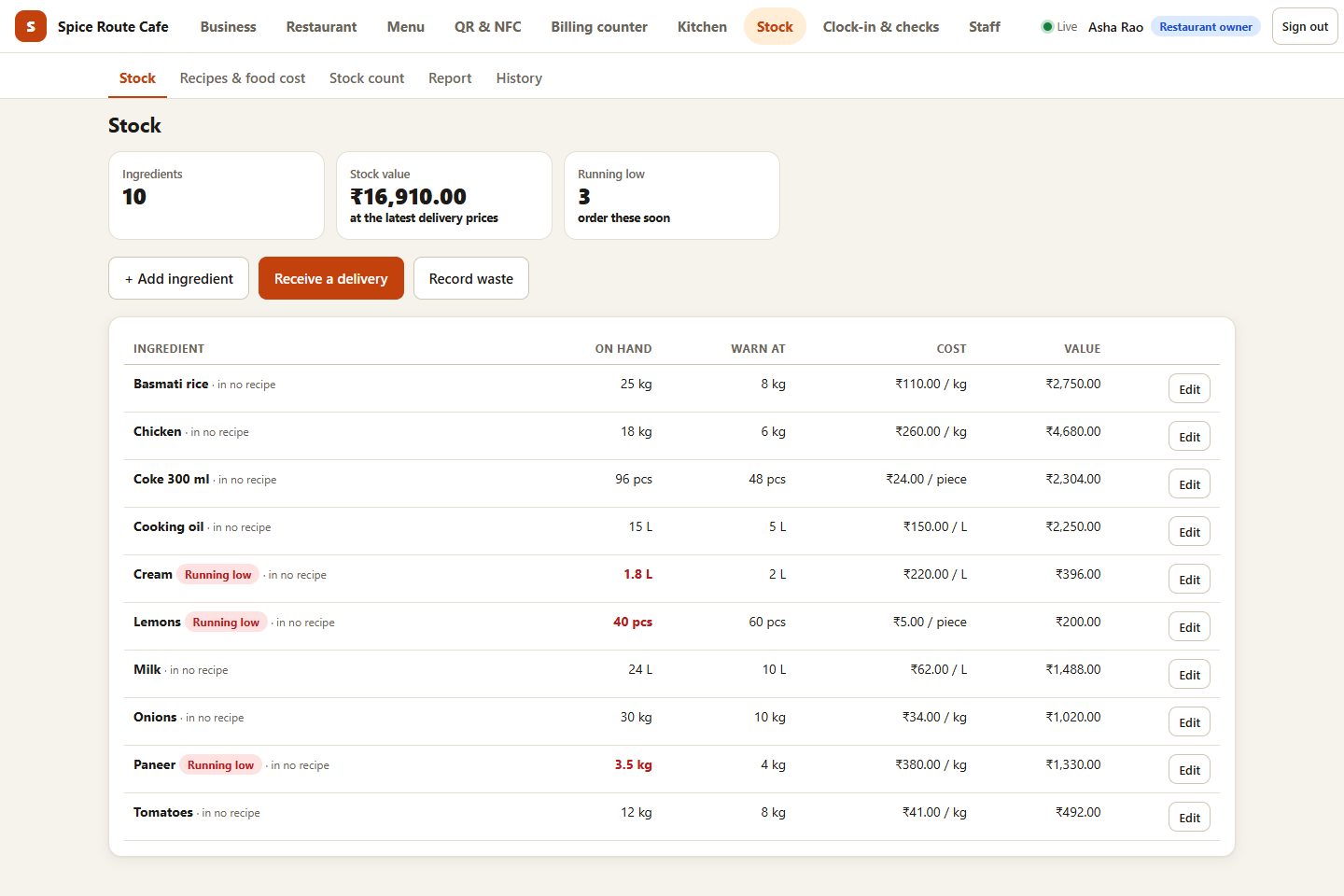 The stock screen with ingredients and quantities